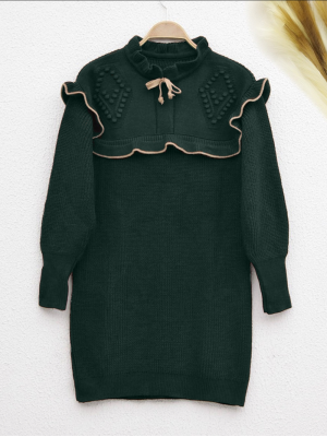 Laced Knitwear Tunic with Frilled Collar   -Emerald