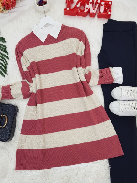 Striped Thessaloniki Knitwear Tunic    -Pink