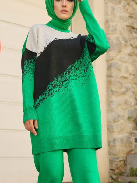 Three Colors Double Plate Pique Knitwear Knitwear Tunic -Green