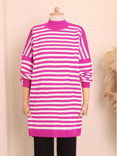 Striped Oversize Double Plate Pique Knitted Knitwear Tunic -Fuchsia