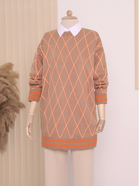 Baklava Pattern Double Plate Pique Knitted Knitwear Tunic -Mink color