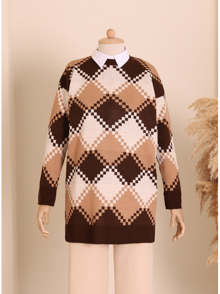 Checkered Pattern Double Plate Pique Knitted Knitwear Tunic -Brown
