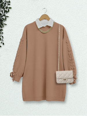 Crew Neck Knitwear Tunic with Braided Sleeves -Mink color