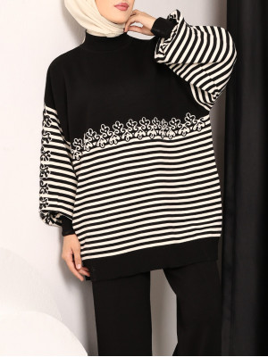 Süzene Embroidered Striped Knitwear Tunic -Black