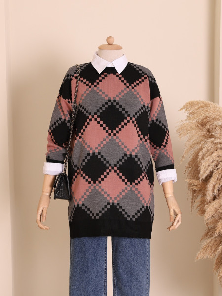 Checkered Pattern Double Plate Pique Knitted Knitwear Tunic -Powder