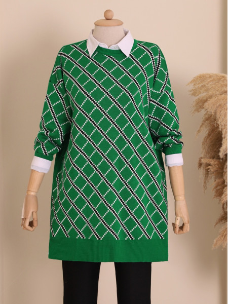 Pixel Diamond Pattern Double Plate Pique Knitted Knitwear Tunic -Green