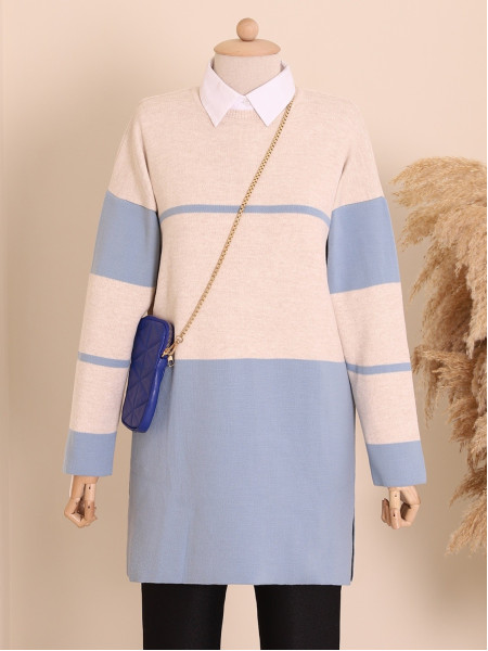 Two Colors Double Plate Pique Knitted Knitwear Tunic -Blue