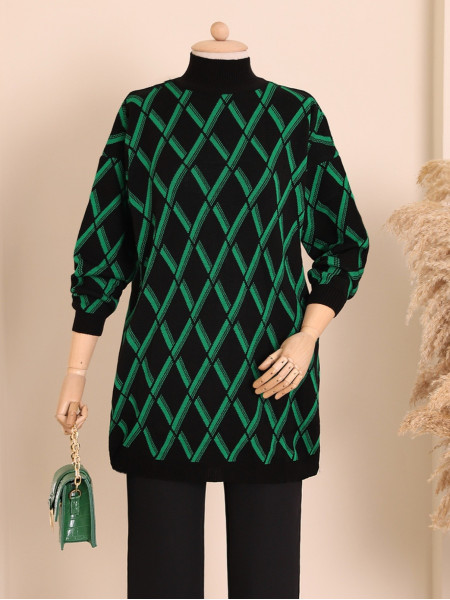 Half Neck Baklava Pattern Double Plaque Knitwear Tunic -Green