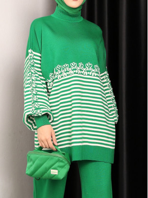 Süzene Embroidered Striped Knitwear Tunic -Green