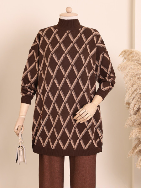 Half Neck Baklava Pattern Double Plaque Knitwear Tunic -Brown