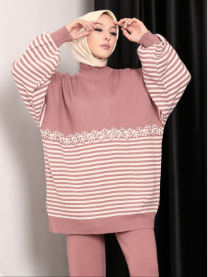 Süzene Embroidered Striped Knitwear Tunic -Dried rose
