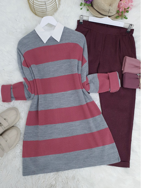Striped Thessaloniki Knitwear Tunic     - Light grey