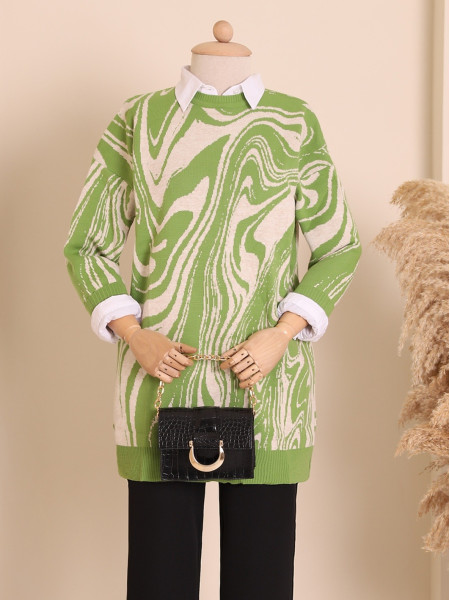 Crew Neck Juicy Pattern Hijab Knitwear Tunic -PISTACHIO GREEN