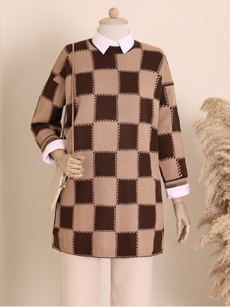 Crew Neck Checker Pattern Veiling Knitwear Tunic -Brown