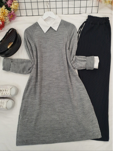 Raglan Sleeve Plain Knitwear Tunic  -Grey