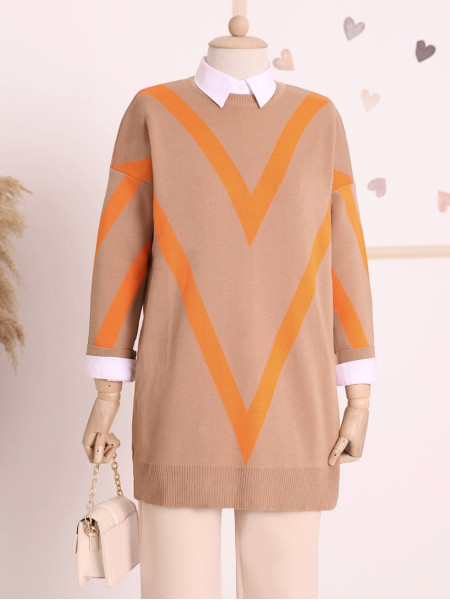 V Pattern Double Plaque Pique Knitted Knitwear Tunic -Orange