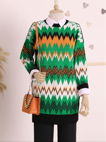 Ethnic Pattern Double Plate Pique Knitted Knitwear Tunic -Green