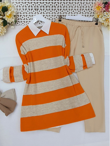 Striped Thessaloniki Knitwear Tunic     -Orange