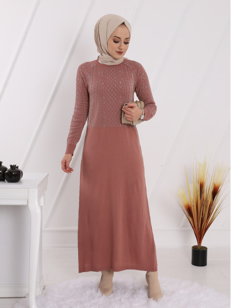 Shimmer Detailed Long Knitwear Dress on Sleeves and Top -Powder