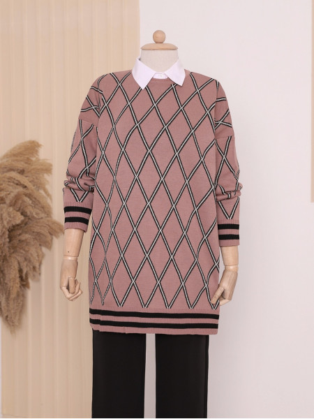 Baklava Pattern Double Plate Pique Knitted Knitwear Tunic -Dried rose