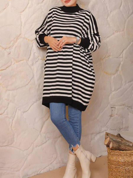Striped Oversize Double Plate Pique Knitted Knitwear Tunic -Black