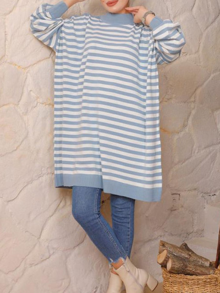 Striped Oversize Double Plate Pique Knitted Knitwear Tunic -Baby Blue