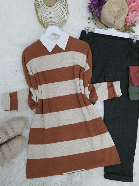 Striped Thessaloniki Knitwear Tunic     -Cinnamon