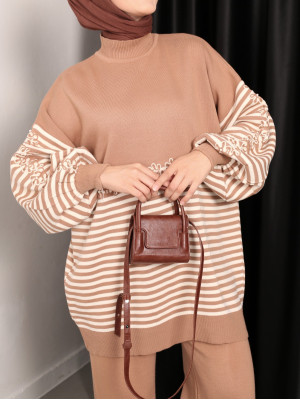 Süzene Embroidered Striped Knitwear Tunic -Mink color