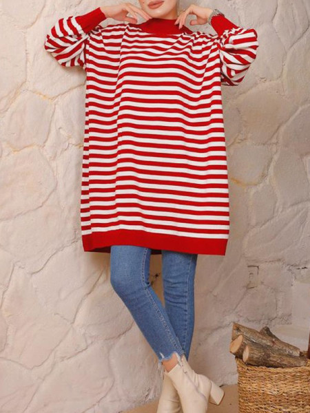 Striped Oversize Double Plate Pique Knitted Knitwear Tunic -Red