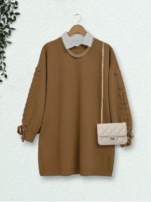 Crew Neck Knitwear Tunic with Braided Sleeves    -Snuff