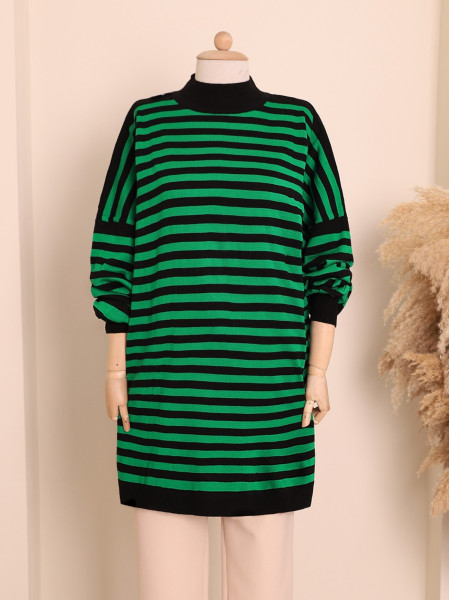 Striped Oversize Double Plate Pique Knitted Knitwear Tunic -Green