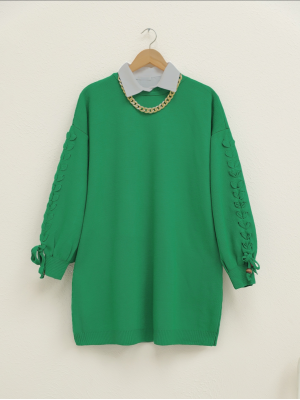 Crew Neck Knitwear Tunic with Braided Sleeves   -Green
