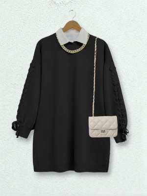 Crew Neck Knitwear Tunic with Braided Sleeves  -Black