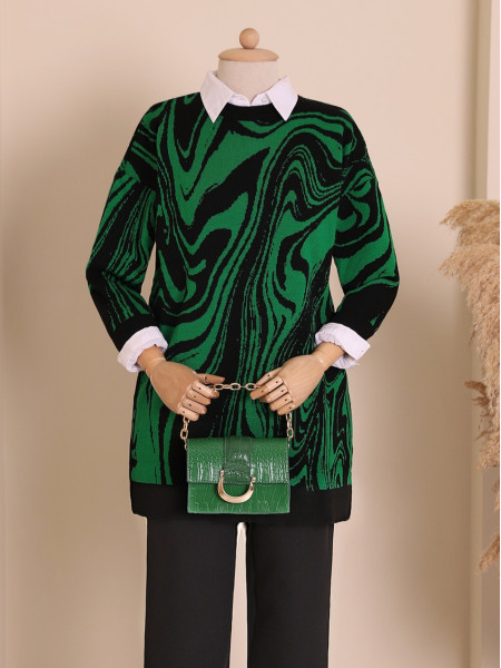 Crew Neck Juicy Pattern Hijab Knitwear Tunic -Green