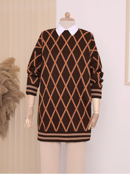 Baklava Pattern Double Plate Pique Knitted Knitwear Tunic -Brown