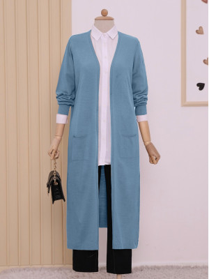 Pocket Hijab Long Cardigan  -Blue