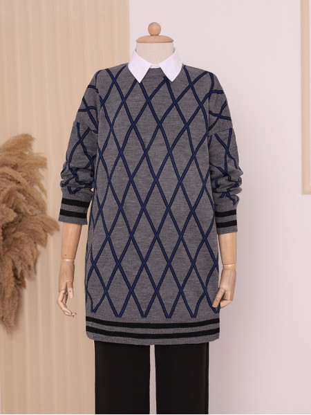 Baklava Pattern Double Plate Pique Knitted Knitwear Tunic -Smoked 