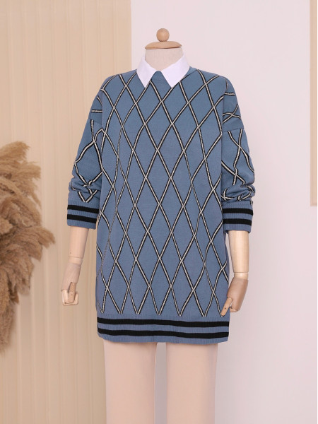 Baklava Pattern Double Plate Pique Knitted Knitwear Tunic -İndigo