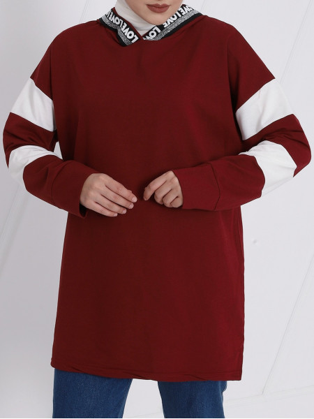 Slit Hooded Combed Cotton Sweat with Text Stripe -Maroon