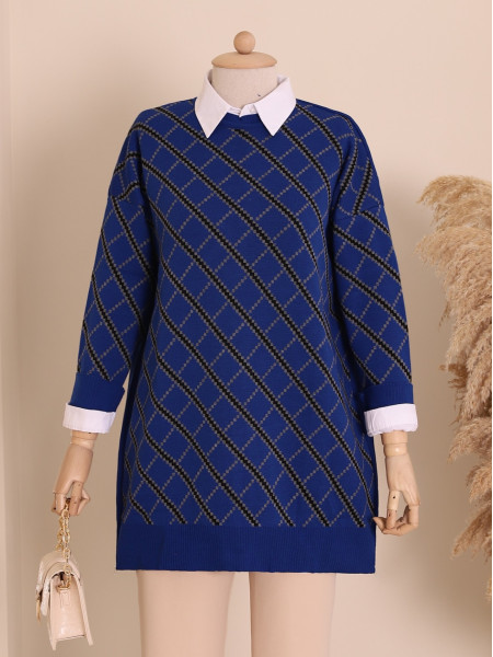 Pixel Diamond Pattern Double Plate Pique Knitted Knitwear Tunic -Saxe 