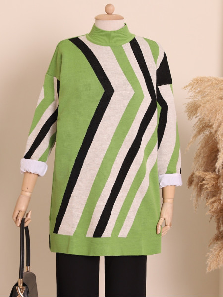 Half Neck Zigzag Pattern Hijab Knitwear Tunic -PISTACHIO GREEN