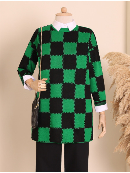 Crew Neck Checker Pattern Veiling Knitwear Tunic -Green