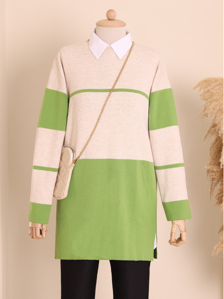 Two Colors Double Plate Pique Knitted Knitwear Tunic -PISTACHIO GREEN