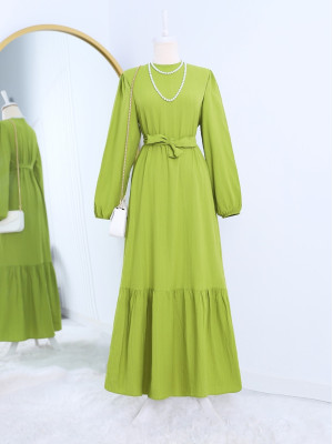 Eteği Parçalı Kolu Lastikli Bağcıklı Krinkıl Elbise -F.Yeşili