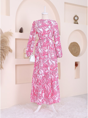Kolu Lastikli Palmiye Desen Elbise  -Fuşya