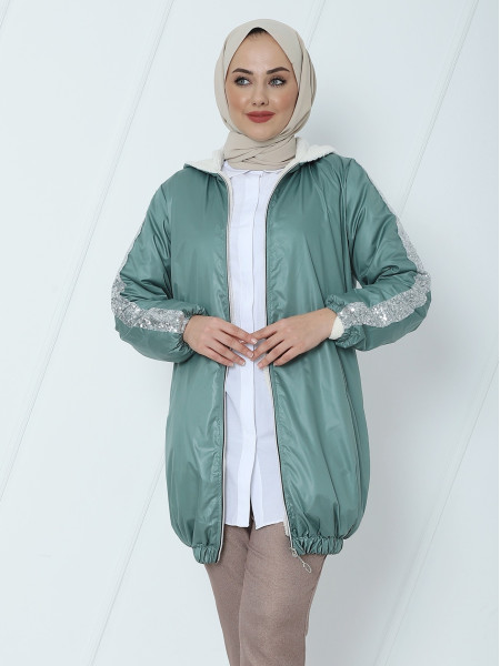 Sequined Hooded Skirt Elastic Coat -Mint Color