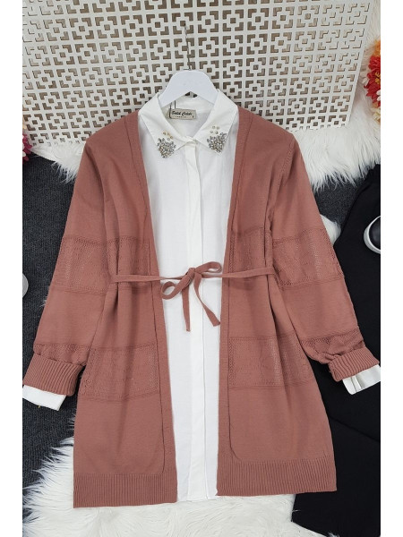 Belted Daisy Patterned Cardigan -Dried rose