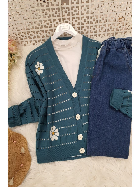 Daisy Patterned Openwork Cardigan -Oil color