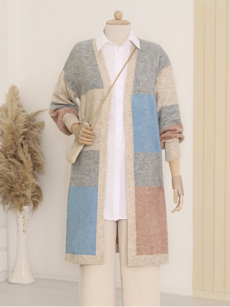 Long Color Transition Fluffy Cardigan -Stone