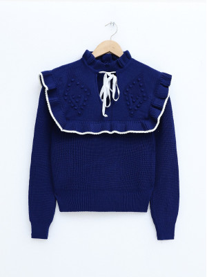 Ruffle Collar Laced Sweater  -Navy blue